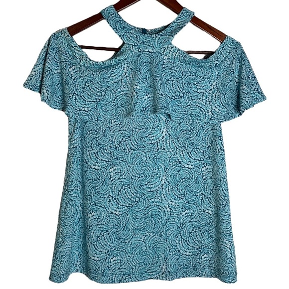 Michael Michael Kors Cold Shoulder Ruffled Halter Turquoise White Top XS - Picture 1 of 16